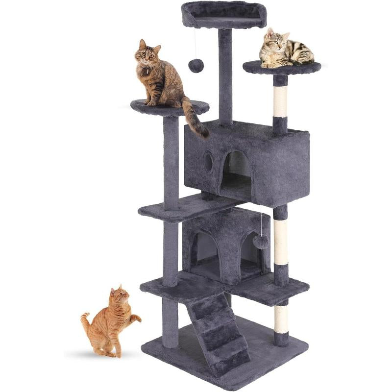 FDW | 54" Cat Tree Tower | Dark Gray | Multi-Level Indoor Activity Center with Sisal Scratching Posts, Condos, Plush Perches, Hanging Cat Toys | Sturdy, Easy to Assemble | for Kittens & Adult Cats
