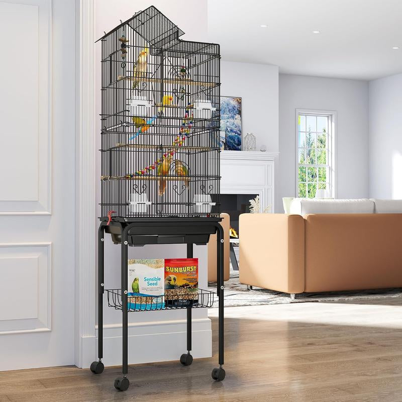 YITAHOME 62 Inch Metal Bird Cage, Large Parakeet Cages for Parrot, Cockatiel, Lovebird, Pigeon with Roof Top, Black/White