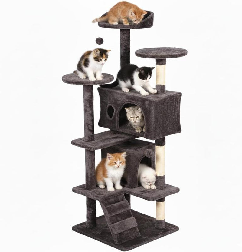 FDW | 54" Cat Tree Tower | Dark Gray | Multi-Level Indoor Activity Center with Sisal Scratching Posts, Condos, Plush Perches, Hanging Cat Toys | Sturdy, Easy to Assemble | for Kittens & Adult Cats
