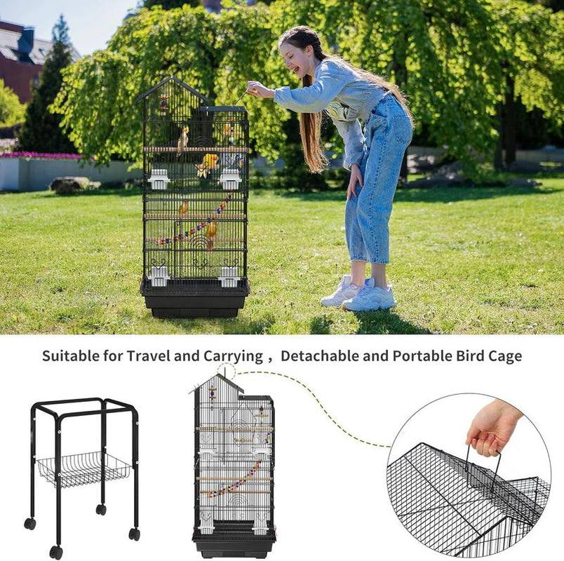 YITAHOME 62 Inch Metal Bird Cage, Large Parakeet Cages for Parrot, Cockatiel, Lovebird, Pigeon with Roof Top, Black/White