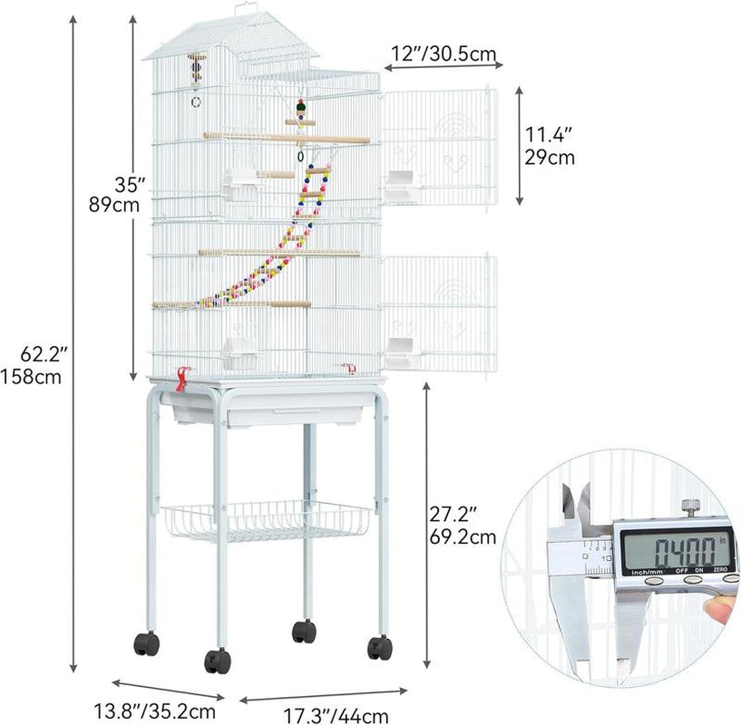 YITAHOME 62 Inch Metal Bird Cage, Large Parakeet Cages for Parrot, Cockatiel, Lovebird, Pigeon with Roof Top, Black/White