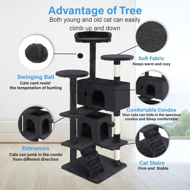 FDW | 54" Cat Tree Tower | Dark Gray | Multi-Level Indoor Activity Center with Sisal Scratching Posts, Condos, Plush Perches, Hanging Cat Toys | Sturdy, Easy to Assemble | for Kittens & Adult Cats