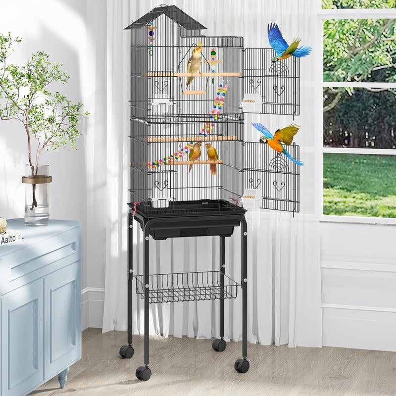 YITAHOME 62 Inch Metal Bird Cage, Large Parakeet Cages for Parrot, Cockatiel, Lovebird, Pigeon with Roof Top, Black/White